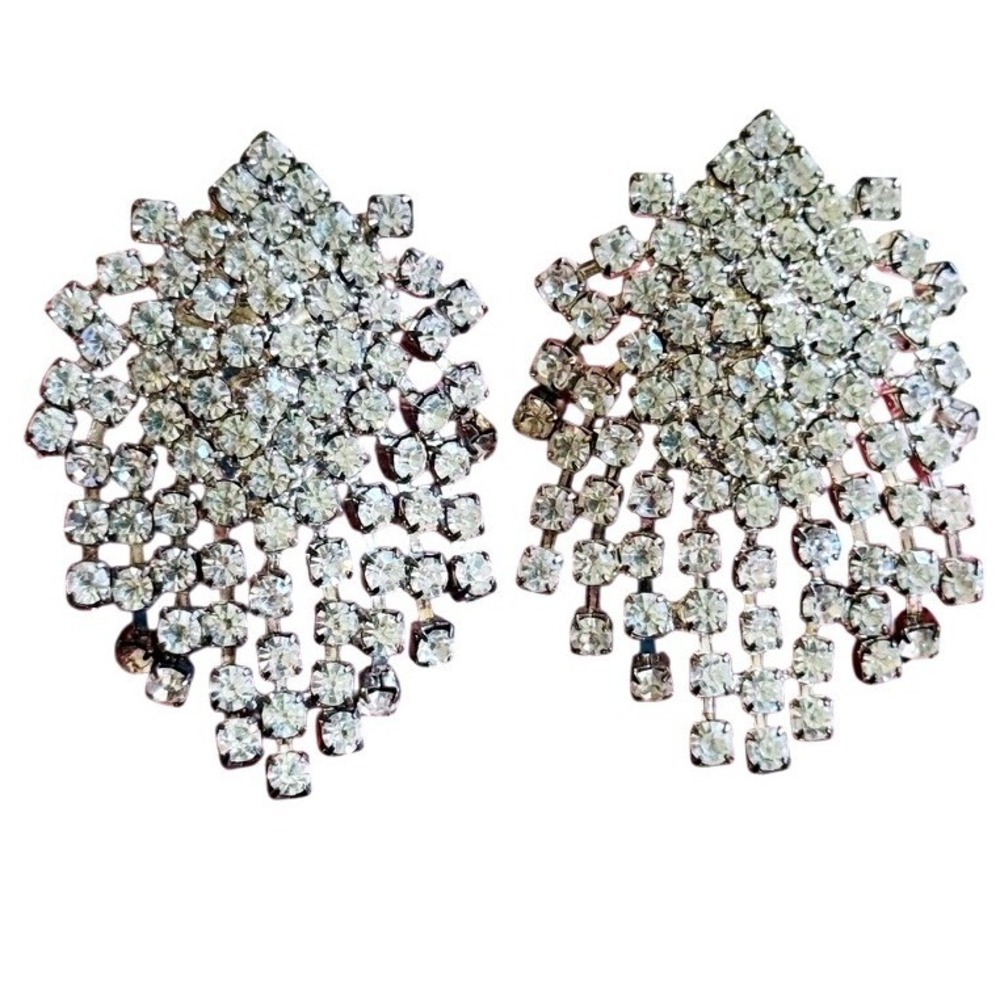 Sparkly Glam Earrings VTG Clipโ Crystal Austrian Rhinestone Dangle Waterfall 60s